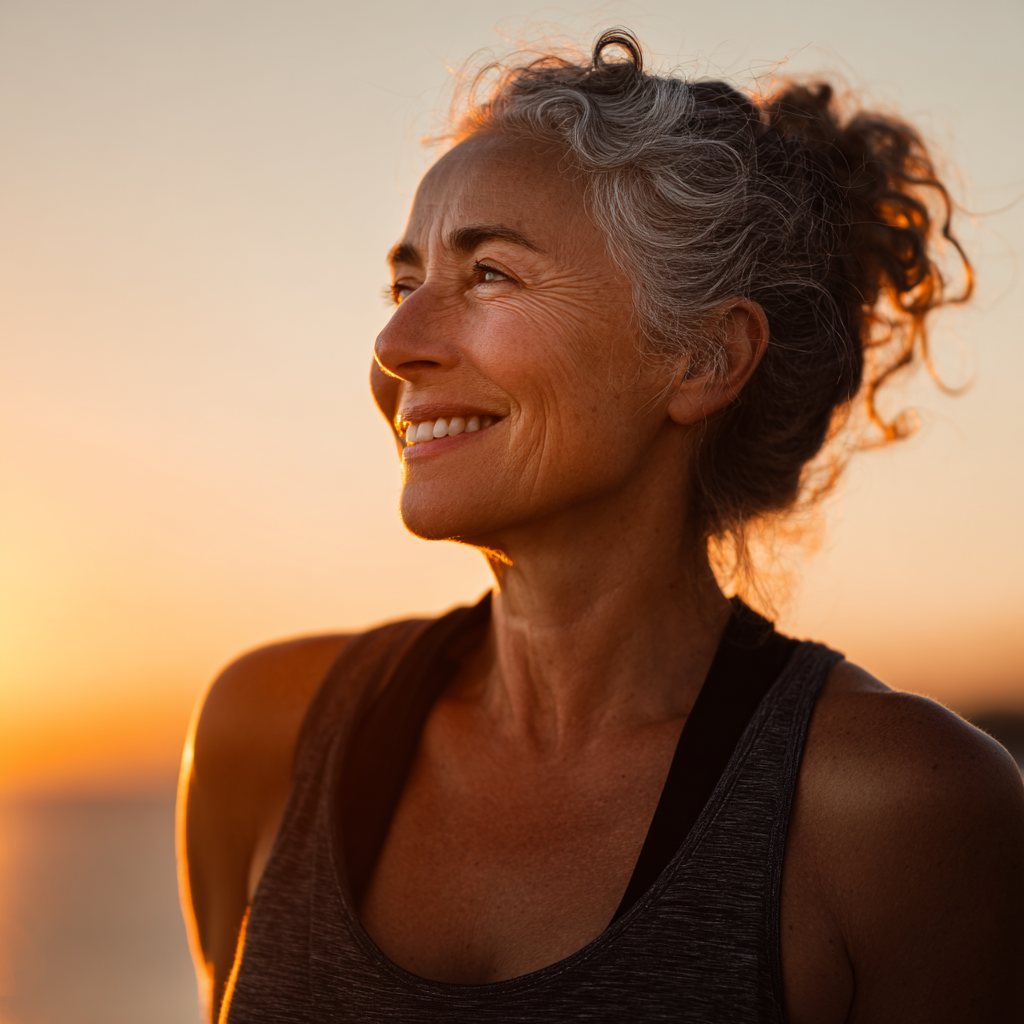 Mosolygós középkorú magyar nő jóga pozícióban napnyugtakor, békés arckifejezéssel